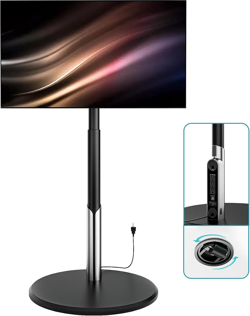 Floor Mobile TV Stand with Power Outlet, Rolling TV Cart for 27-65 Inch OLED LED Monitors, 6 Levels of Height Adjustment, Ambient Lighting on The Bottom Wheels Holds up to 88lbs, 400x400mm