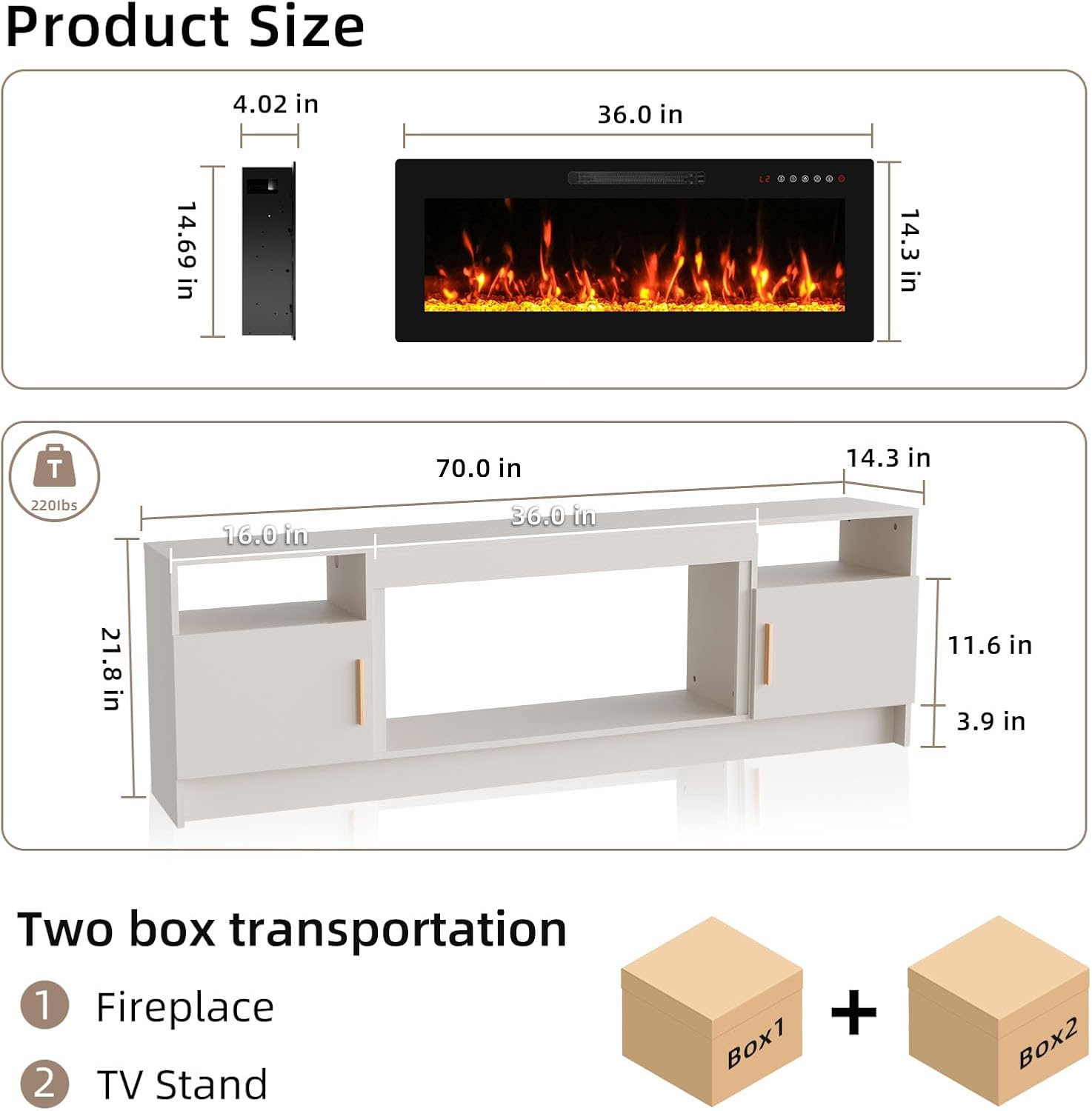 EAG 70 Inche Fireplace TV Stand for TVs up to 80 Inches with 36' Electric Fireplace, Modern Entertainment Center with Glass Shelves, LED Lights, Media TV Console for Living Room, White