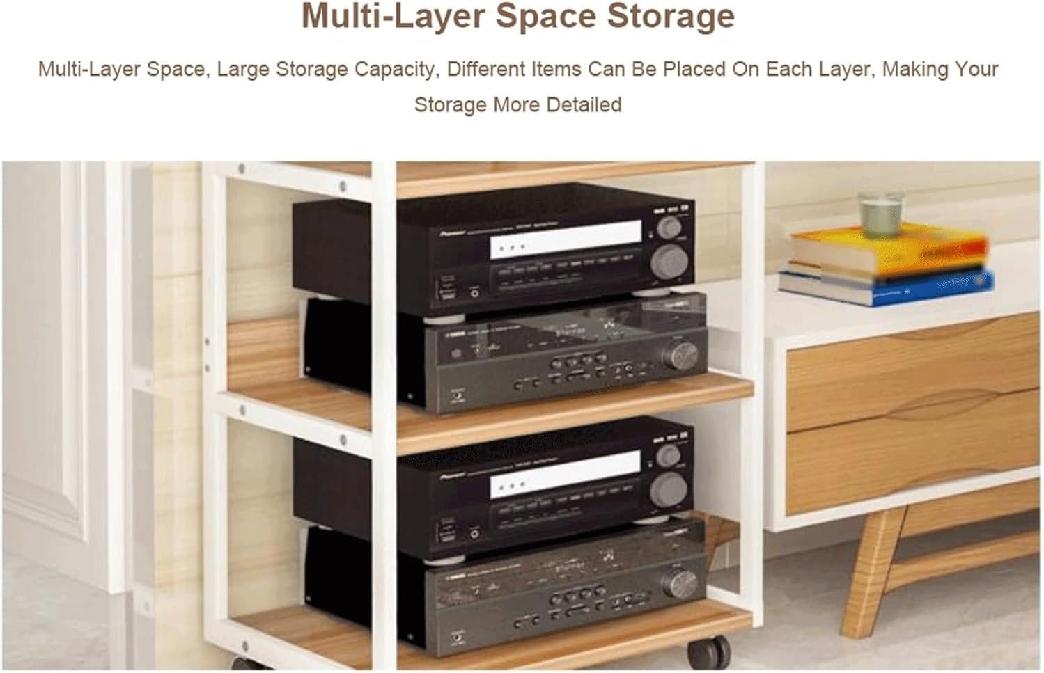Audio Rack 2/3 Tier Stereo Rack Audio Equipment Rack Audio Stereo Shelf Wooden Open Audio-Video Shelving with 360° Swivel Wheels(Nero,61cm)