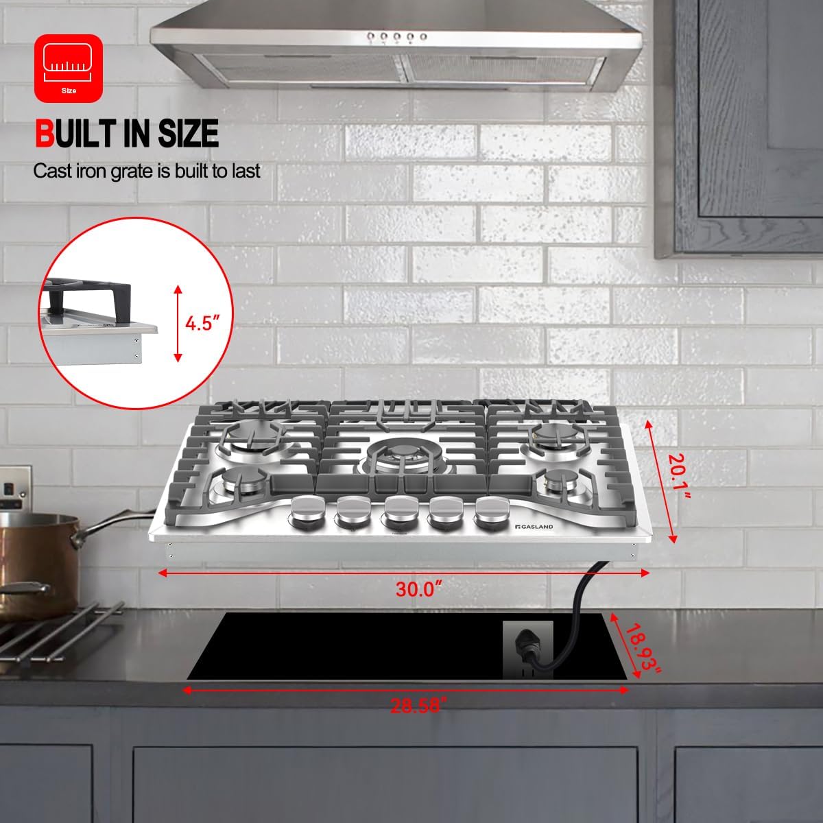 GASLAND 30 Inch Gas Cooktop, PRO GH2305SF 5 Burner Propane Stovetop, Built-in NG/LPG Convertible Cooktops, Gas Countertop Plug-in with Thermocouple Protection, Stainless Steel