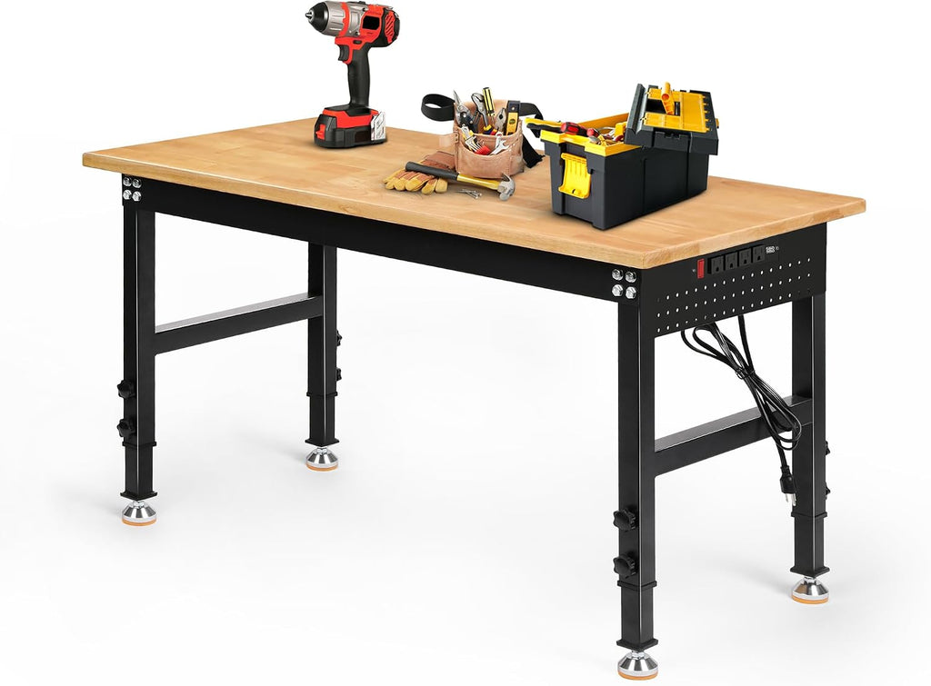 Betterhood Adjustable Height Workbench, 48' Rubber Wood Top Heavy Duty Workstation with Power Outlets, 2000 LBS Load Capacity Hardwood Worktable for Workshop, Garage, Office, Home, Commercial