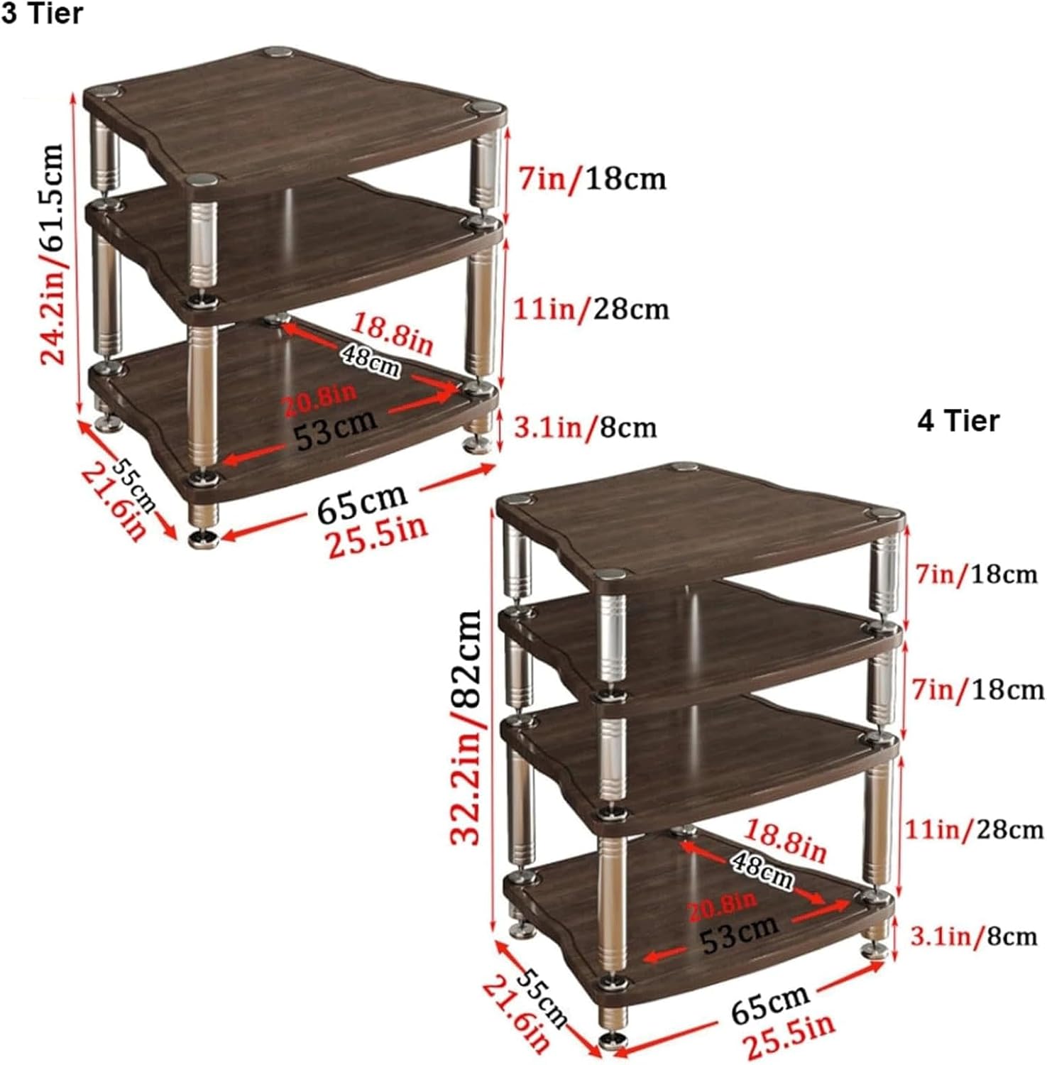 Audio Rack Stainless Steel Stereo Rack Audio Equipment Rack Audio Stereo Shelf Wooden Open with Shock-Absorbing Feet HiFi Rack(Nero,3 Tier)