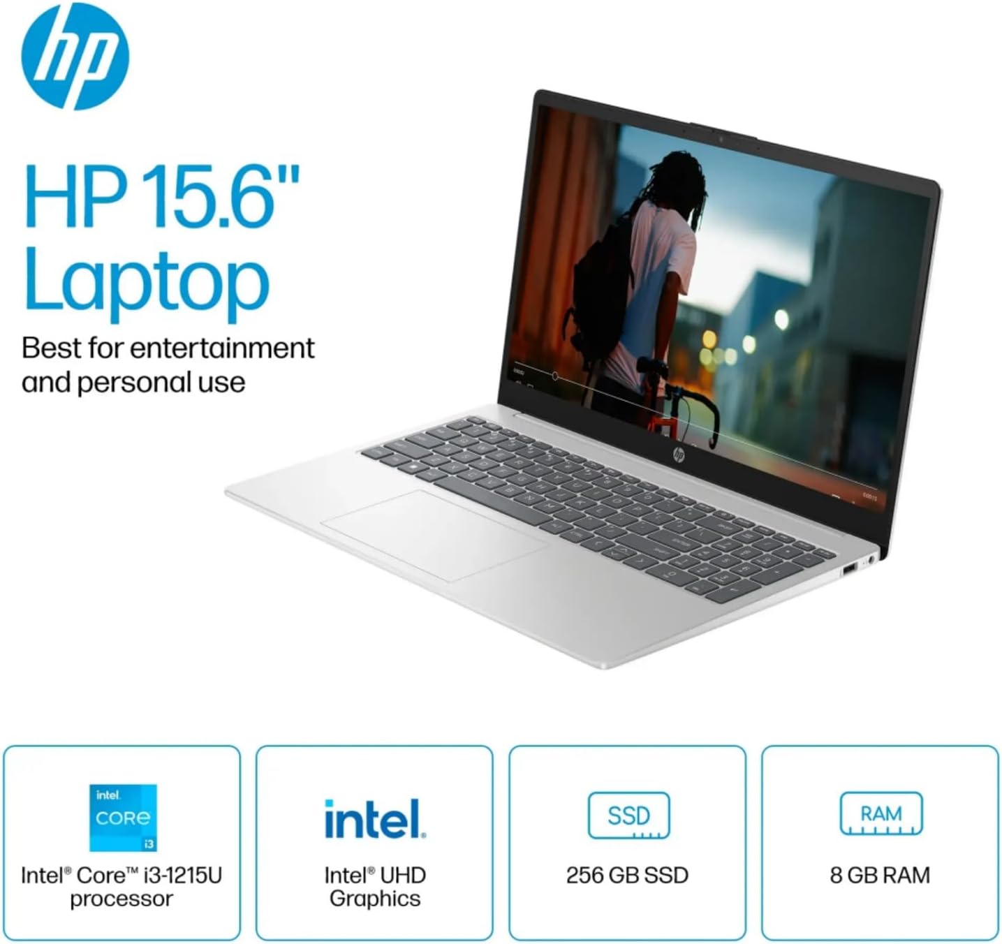 HP 15.6' HD Touchscreen Laptop 15-fd0023dx, Intel Core i3-1215U, 8GB RAM, 256GB SSD, Bluetooth, Wi-Fi, Intel UHD Graphics, Windows 11 Home in S Mode, Natural Silver