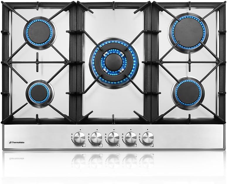 ThermoMate Light 30 Inch Gas Cooktop, Built In Gas Rangetop with 5 High Efficiency Burners, NG/LPG Convertible Stainless Steel Gas Stove Top with Thermocouple Protection, 120V AC