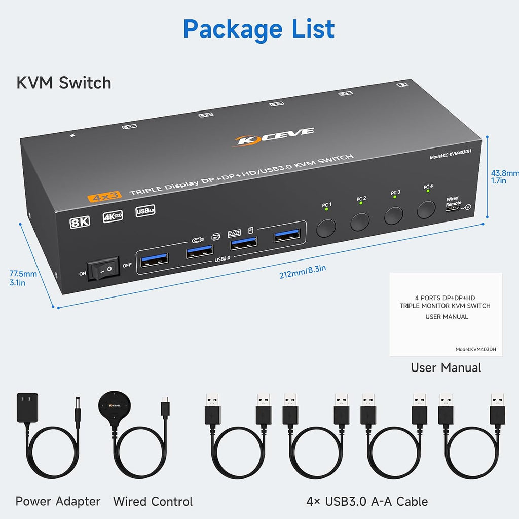 HDMI+2 Displayport KVM Switch 3 Monitors 4 Computers 8K@60Hz 4K@144Hz,4 Port KVM Switches Triple Monitor Share 3 Display and 4 USB3.0 Ports Support Extended/Mirror Mode.