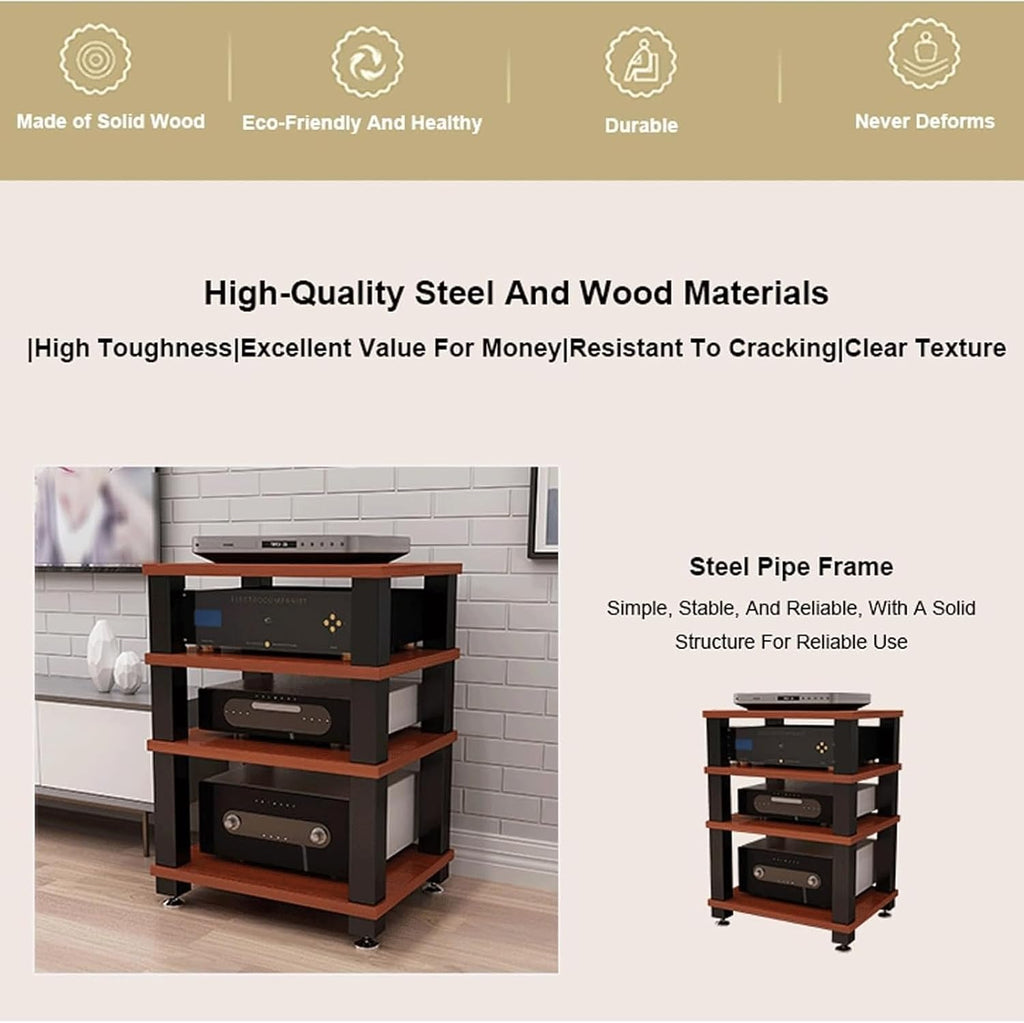 Audio Rack 1/2/3/4 Tier Stereo Rack Audio Equipment Rack Wooden Audio Rack Cabinet Open AV Cabinet Strong Audio-Video Shelving(Brown,4 Tier)