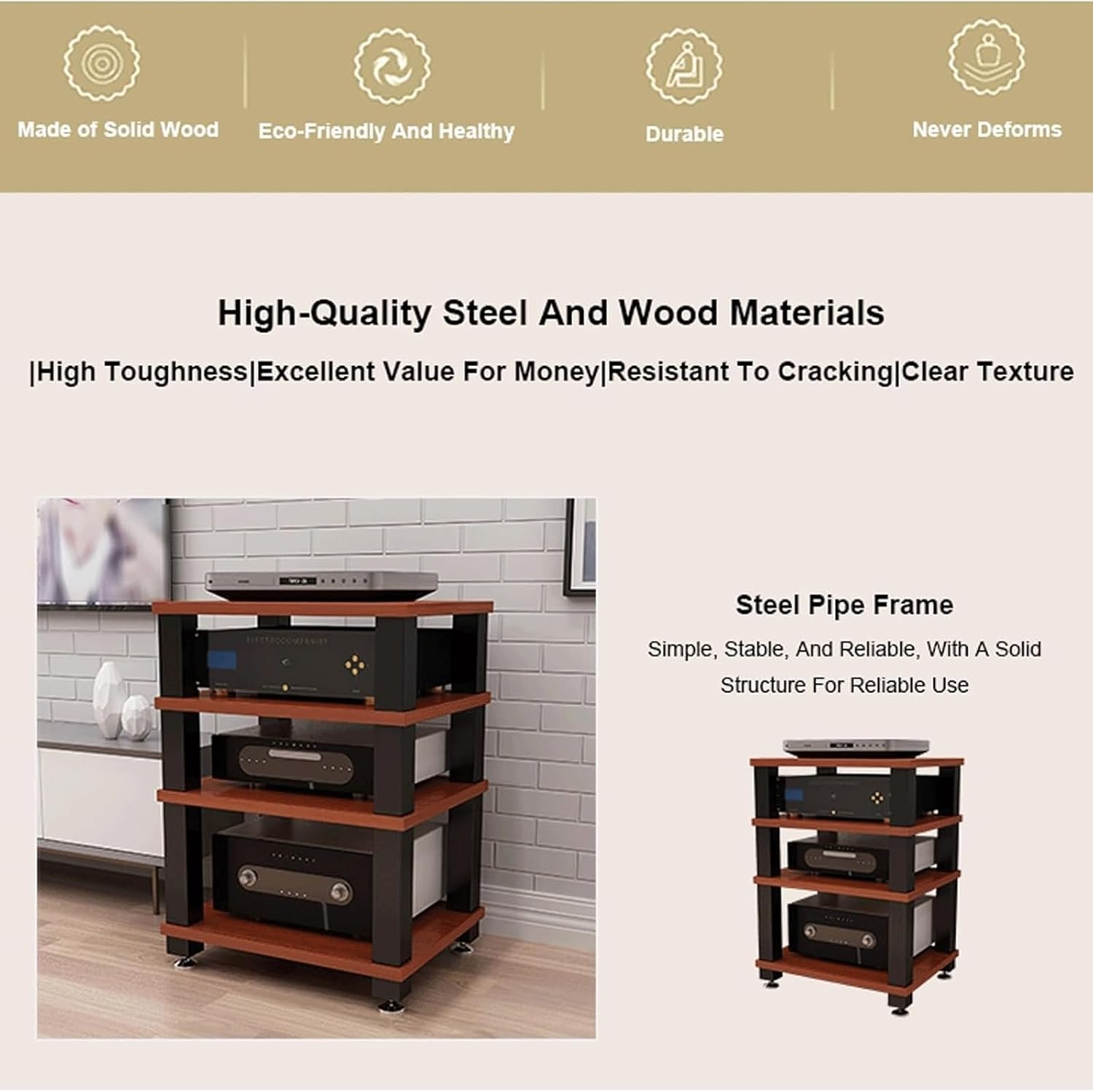 Audio Rack 1/2/3/4 Tier Stereo Rack Audio Equipment Rack Wooden Audio Rack Cabinet Open AV Cabinet Strong Audio-Video Shelving(Brown,3 Tier)