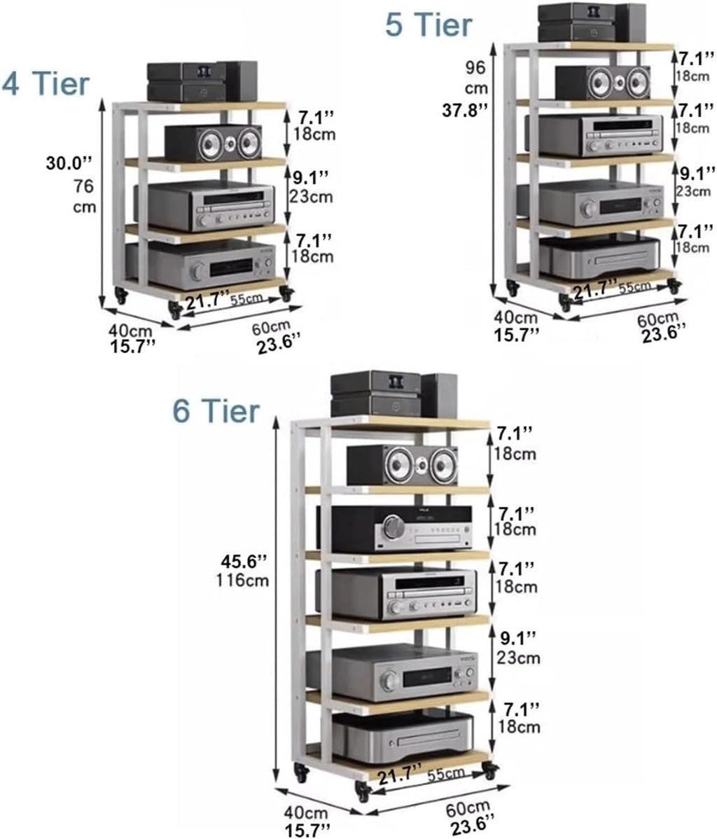 Audio Rack Open Stereo Rack Audio Equipment Rack Audio Movable Stereo Shelf Wood with Wheels HiFi Rack Audio-Video Shelving HiFi Rack(Rot,6 Tier)