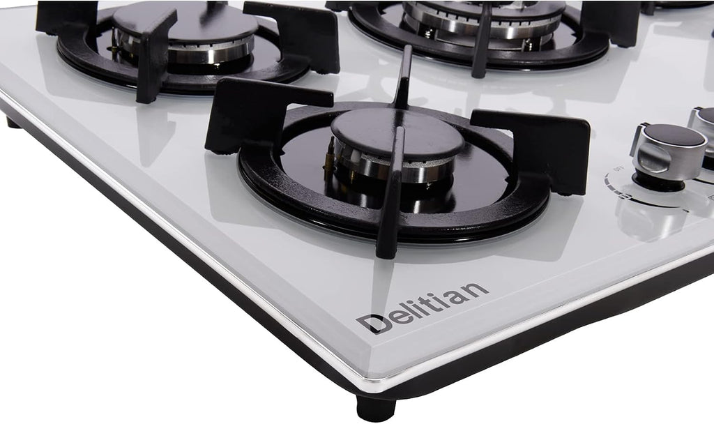 30 Inch Gas Cooktop DTW5701 White Tempered Glass Stovetop, 5 Burners LPG/NG Convertible Stove Thermocouple Protection Cooktop