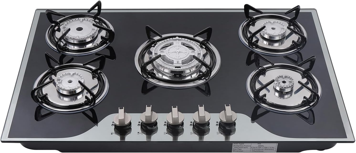5 Burners Propane Gas Cooktop, 30 Inch Built-In Gas Cooktop Lpg/Ng Gas Stove Top for Kitchen - 8 Mm Tempered Glass, Pulse Ignition Type