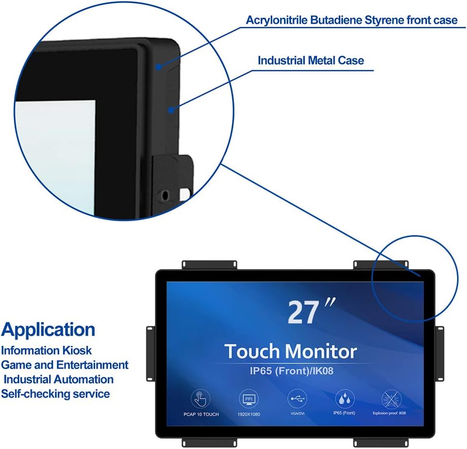 GreenTouch 27 inch 10 Points PCAP Open Frame Touch Screen LCD Display Monitors HDMI+VGA+DVI 1920x1080 Black