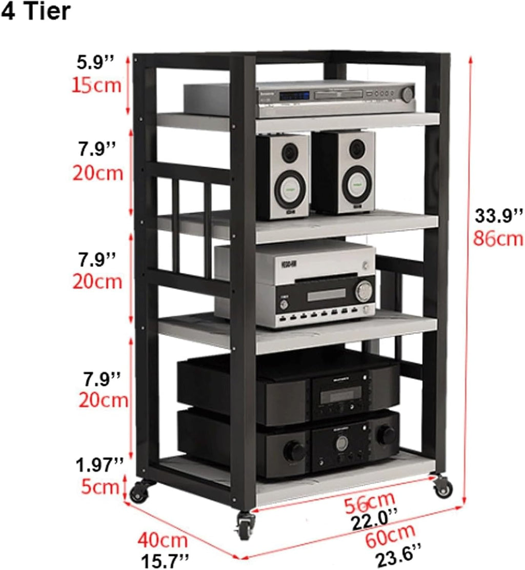 Audio Rack 4 Tier Stereo Rack Audio Equipment Rack Audio Stereo Shelf Wooden Open HiFi Rack Audio-Video Shelving with Wheels Movable(Nero)