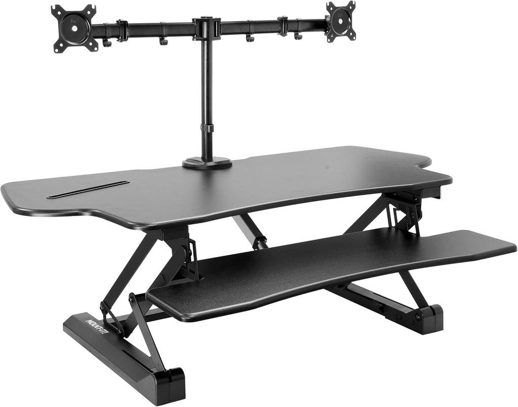 Mount-It! Electric Standing Desk Converter with Dual Monitor Arm, Stand Up Desk Riser X-Large 47.2' Wide, Electric Desk Riser with Mount for 2 Screens (Max 32'), Desktop with Keyboard Tray, USB, Black