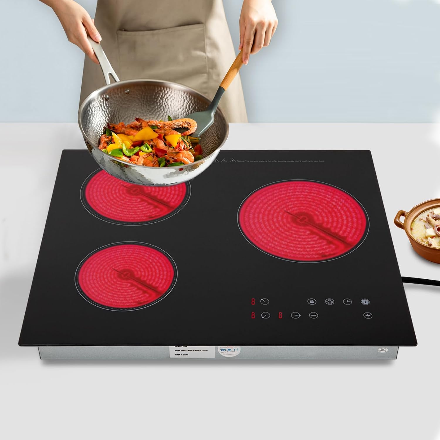 3 Burners Electric Cooktop with 9 Heating Levels - 2600W Ceramic Cooktop with Timer, Ceramic Electric Hot Plate for Cooking, Child Safety Lock, Sensor Touch Control, 110V