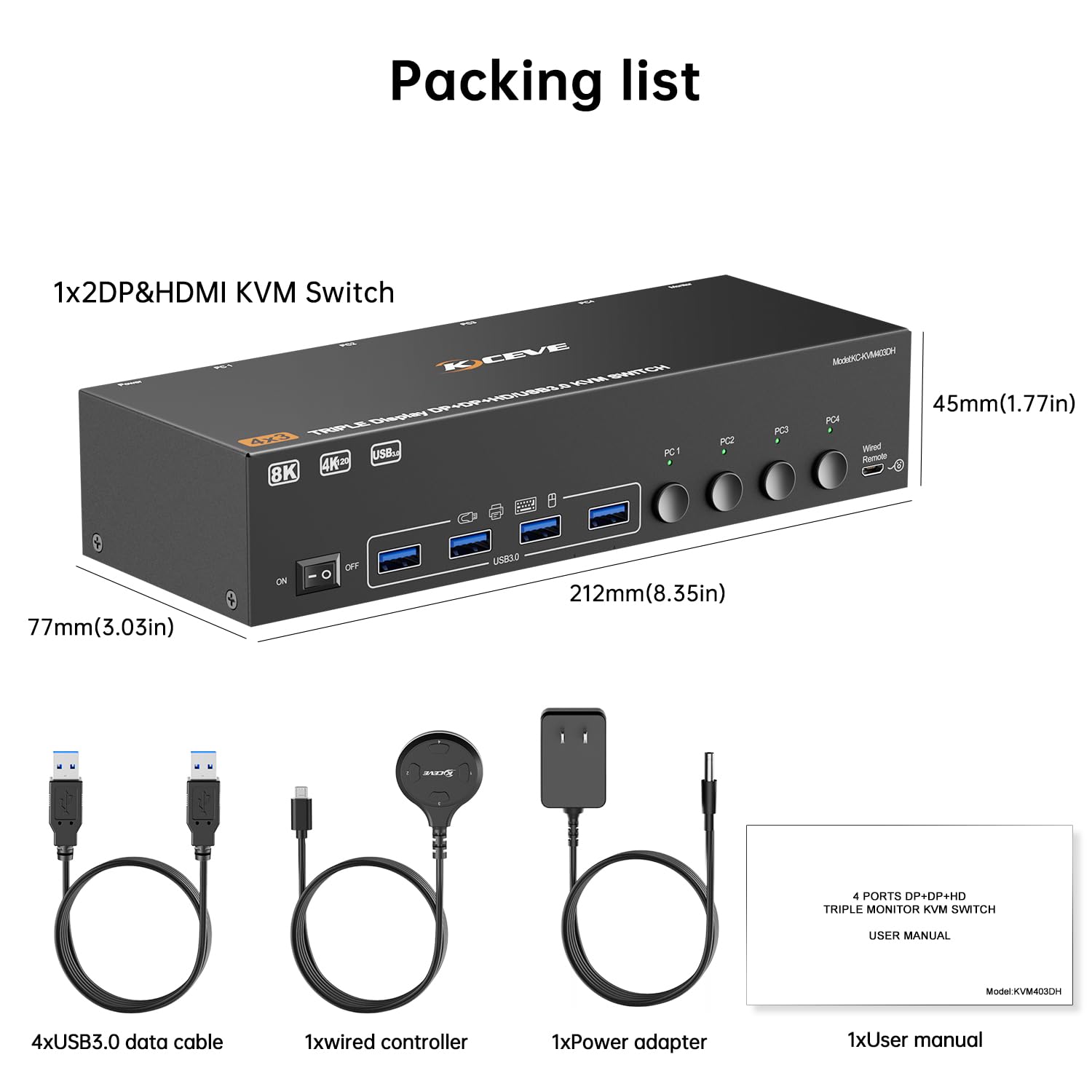 KVM Switch 3 Monitors 4 Computers 8K@60Hz 4K@144Hz, HDMI +2 Displayport Triple Monitor KVM Switch with 4 USB Ports for Keyboard Mouse,Support Extended/Copy Mode, with Wired Remote and 4 USB Cables
