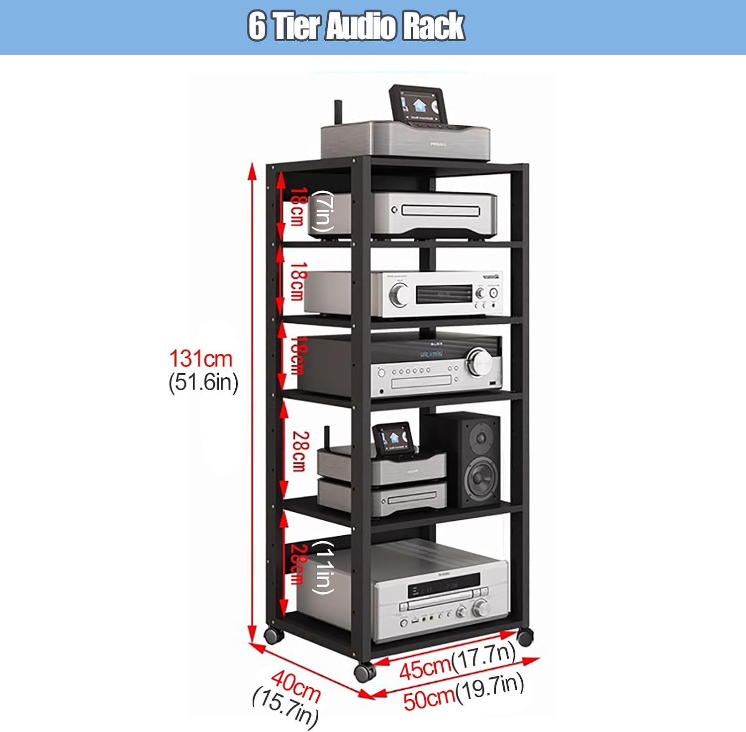 YLLFFLL 131cm Tall Mobile Stereo Racks and Stands on Wheels Heavy Duty Audio Equipment Rack Cart with Height-Adjustable Shelf, Entertainment Stereo Components Av Media Stand(6 Tier)