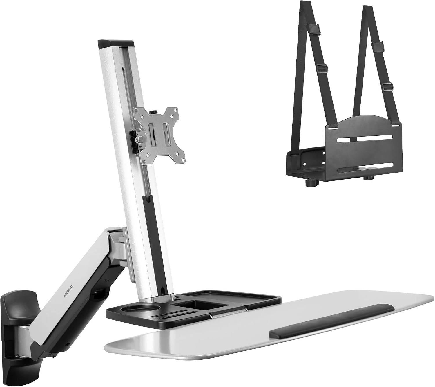 Mount-It! Wall Mounted Sit-Stand Single Monitor Workstation with Gas Spring Arm, Keyboard Tray & CPU Holder, 19.9' Height Adjustment, 41' Extension, VESA 75x75 100x100, MI-7905
