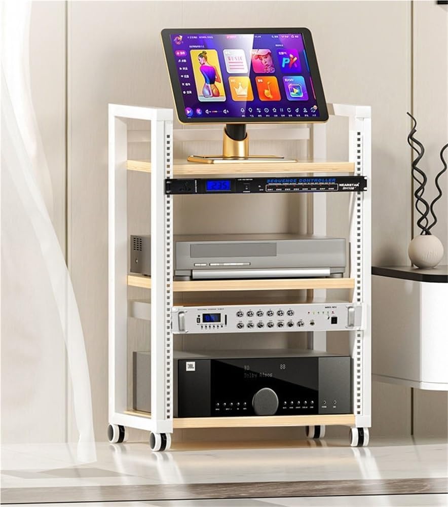 12U/16U/20U Open Frame Server Rack, Multi-Layer Audio Rack with Adjustable Shelves and Wheels, 4 Post AV Rack for Blu-Ray, DVD, Game Consoles, Amplifiers, AV Equipment(Medium)