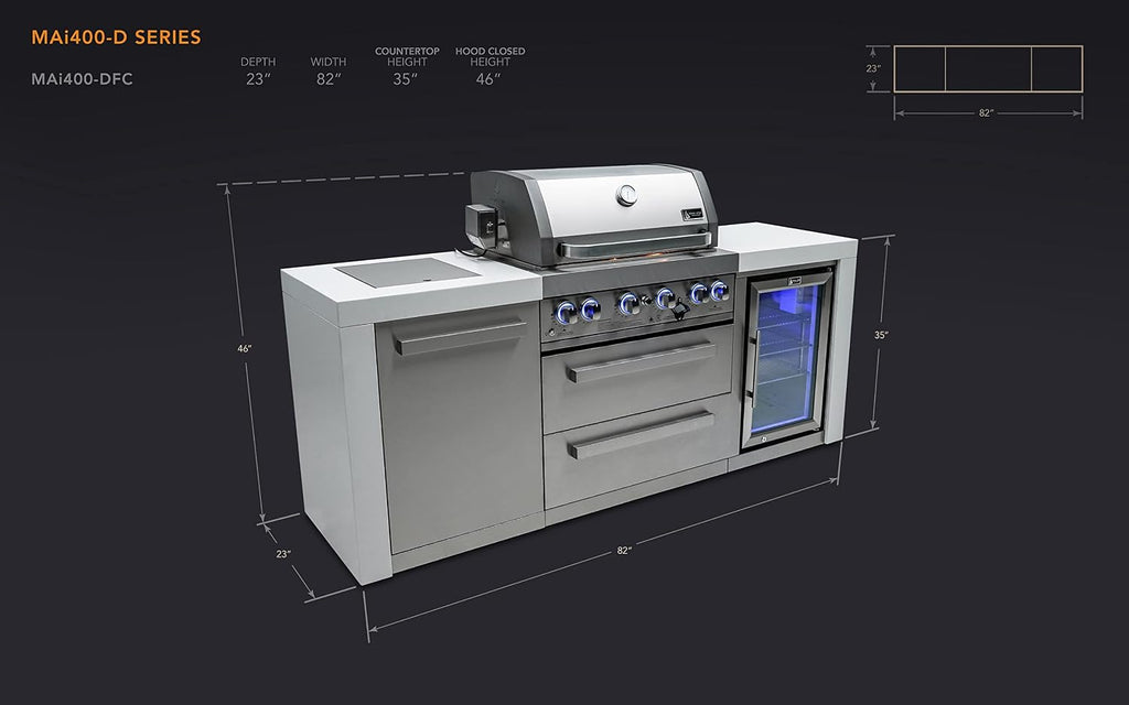 Mont Alpi Deluxe Series Stainless Steel 82'W x 23'D Modular Outdoor Kitchen Island + Side Burner + Refrigerator + 32'W 4-Burner BBQ Gas Grill + White Granite Countertops + Storage Cabinets & Drawers