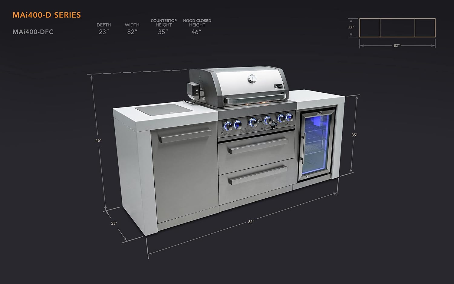 Mont Alpi Deluxe Series Stainless Steel 82'W x 23'D Modular Outdoor Kitchen Island + Side Burner + Refrigerator + 32'W 4-Burner BBQ Gas Grill + White Granite Countertops + Storage Cabinets & Drawers