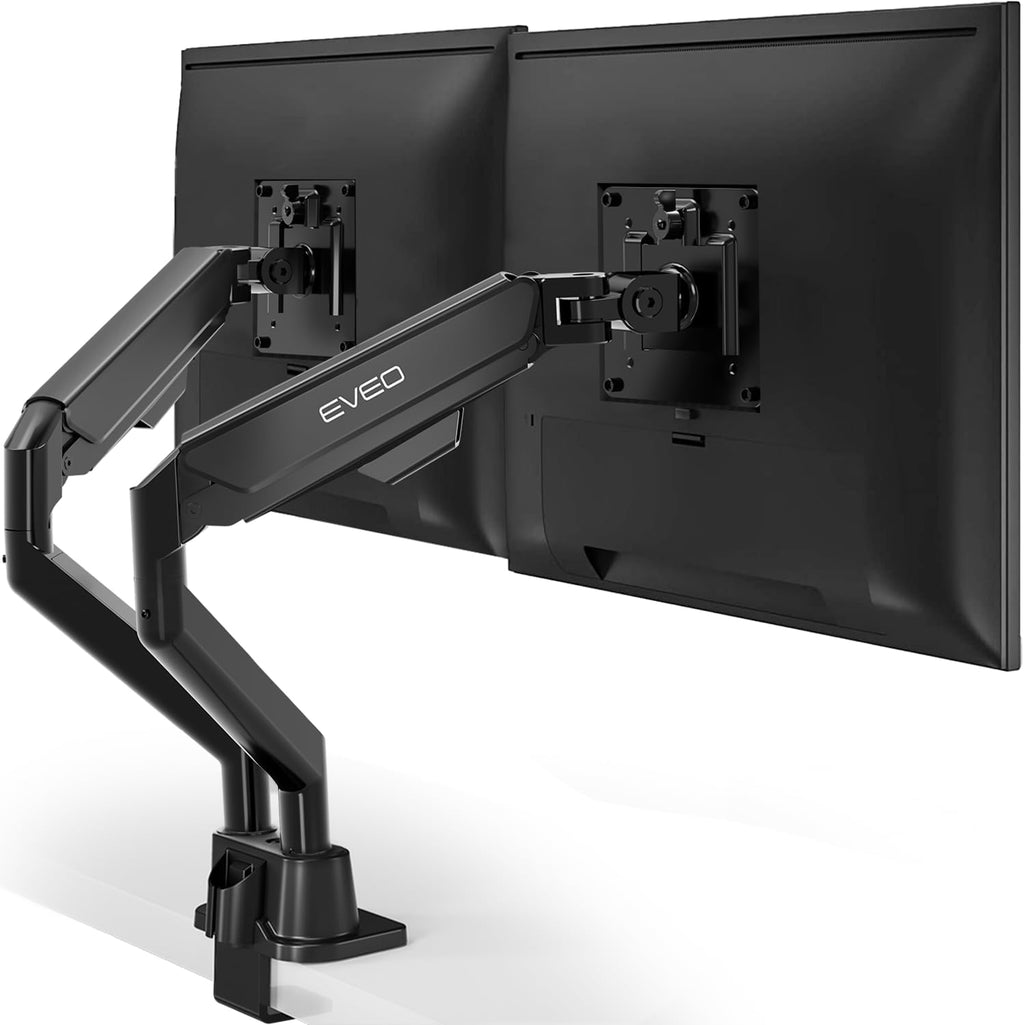 EVEO Premium Dual Monitor Mount 14'-32' Dual Monitor Arm VESA Bracket Adjustable Height Gas Spring Dual Monitor Stand, Screen Full Motion Dual Monitor Arm-Computer Monitor Stand for 2 Screens - Black