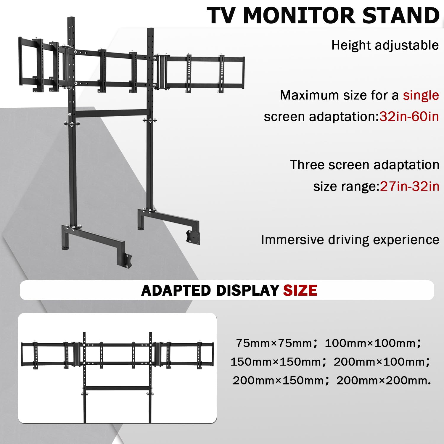 Suppllueer Racing Simulator Triple Monitor Stand Adjustable for 24-32 Inch Screens Triple-Screen Display Stand Compatible with Round Tube Cockpit