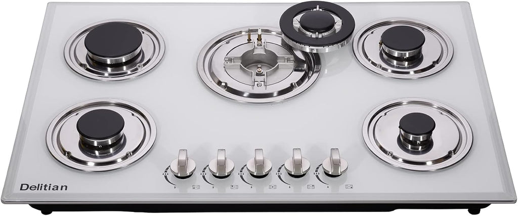 30 Inch Gas Cooktop DTW5701 White Tempered Glass Stovetop, 5 Burners LPG/NG Convertible Stove Thermocouple Protection Cooktop