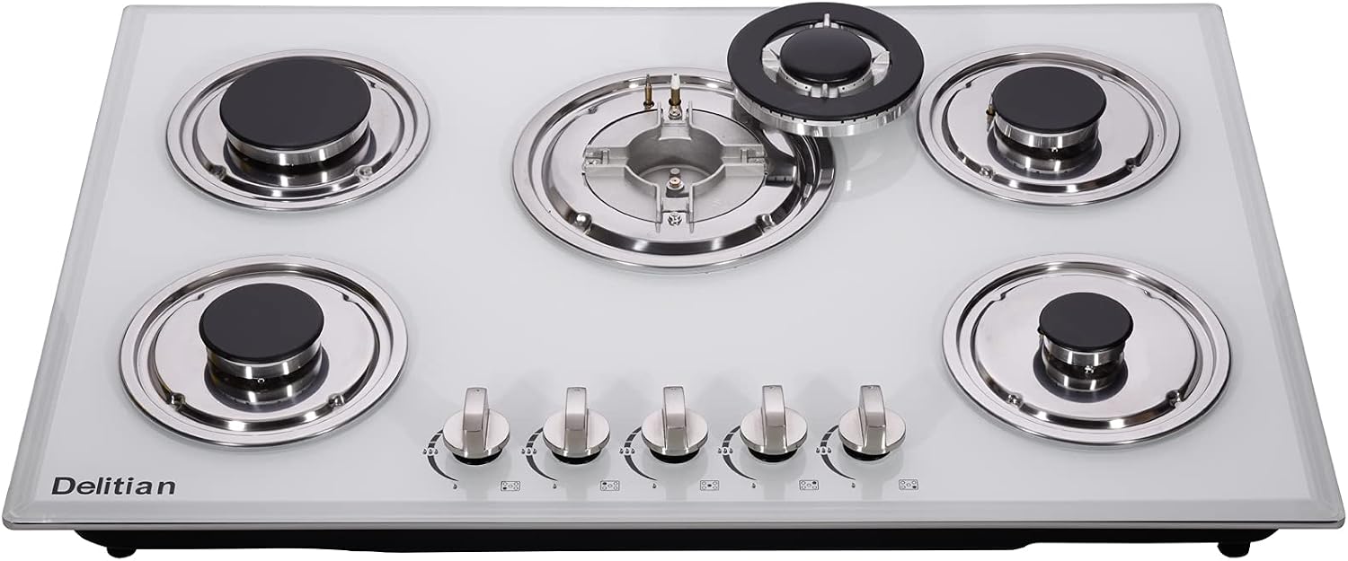 30 Inch Gas Cooktop DTW5701 White Tempered Glass Stovetop, 5 Burners LPG/NG Convertible Stove Thermocouple Protection Cooktop
