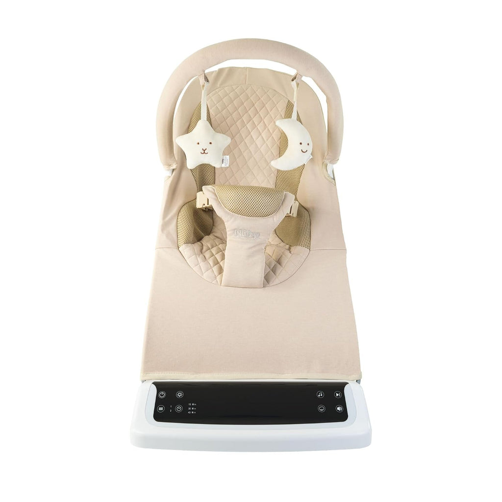 Nuby Deluxe Baby Bouncer Seat - Portable Infant Bouncer with Music, Fun Sounds, and Soothing Vibrations - Digital Display - 0-6 Months - Khaki