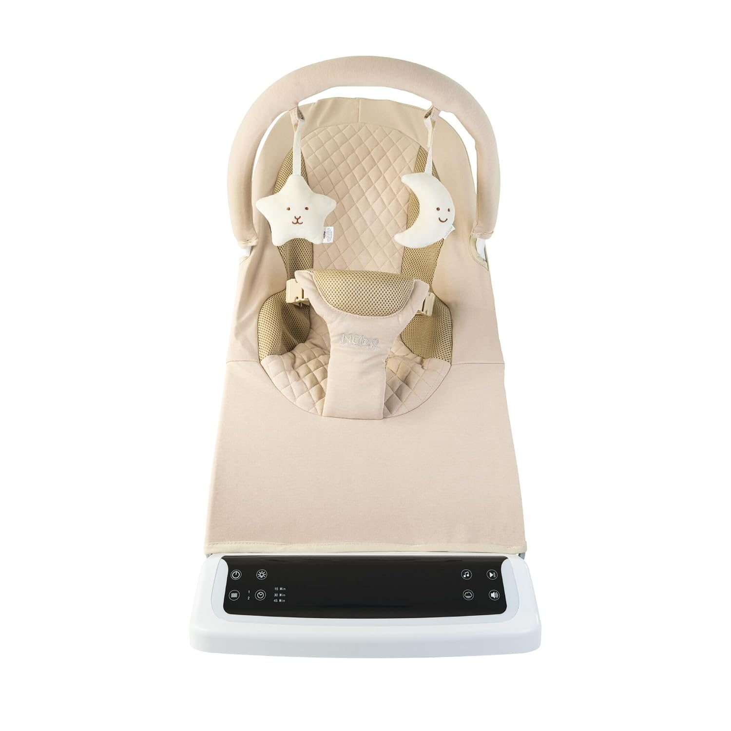 Nuby Deluxe Baby Bouncer Seat - Portable Infant Bouncer with Music, Fun Sounds, and Soothing Vibrations - Digital Display - 0-6 Months - Khaki