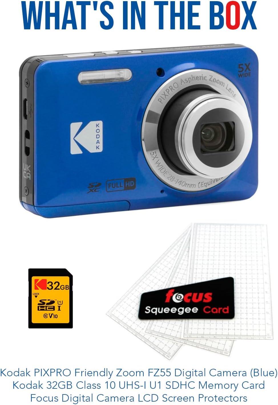 Kodak PIXPRO Friendly Zoom FZ55 Digital Camera (Blue) Bundle with 32GB Memory Card and Digital Camera LCD Screen Protectors (3 Items)