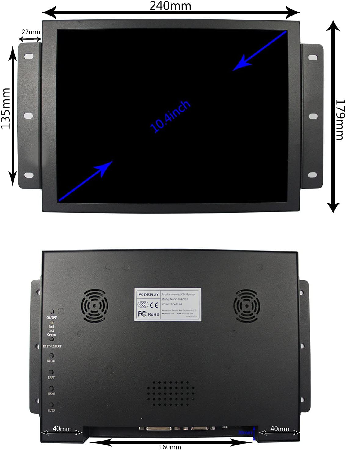 VSDISPLAY 10.4 Inch 800x600 LCD Touchscreen Monitor Portable 10.4'' VS104ZJ01 as Extra Display with DVI VGA Ports,Built-in Dual Speakers
