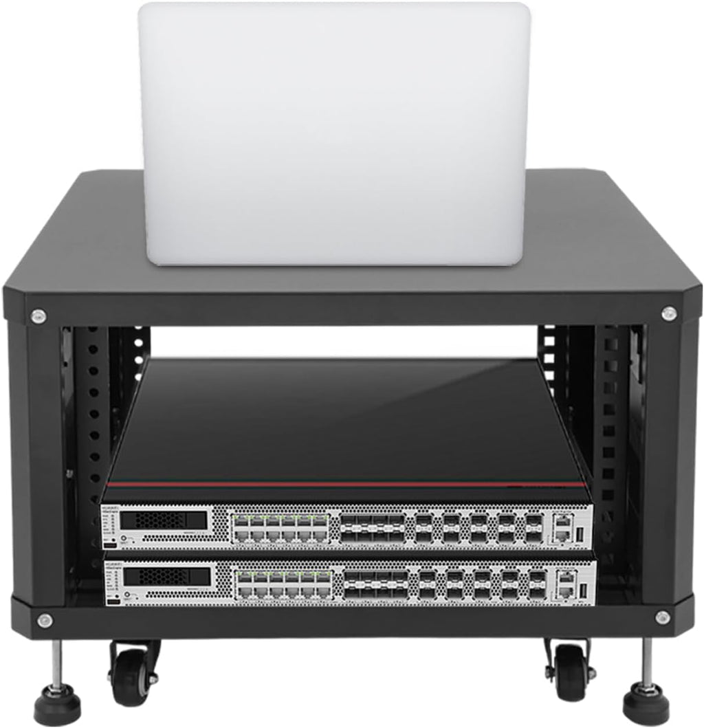 6U Server Rack with Wheels&Leveling Feet, Freestanding Rolling Open Frame IT Network Server Cabinet Rack Shelf for Audio Video Music Recording Computer AV Data & IT Equipment,Black