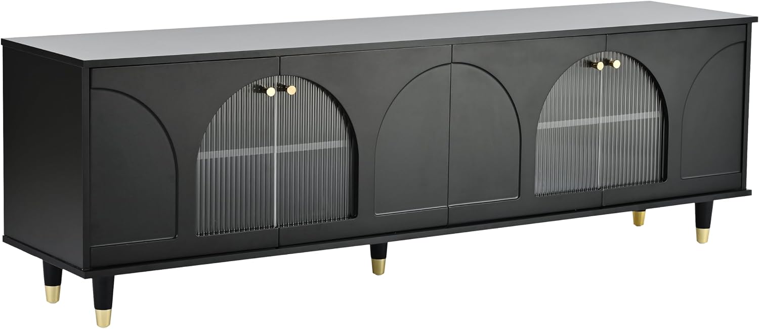 LUMISOL Modern TV Stand for 75'+ TV, Arch TV Console with Glass Door Cabinets, Wood Entertainment Center with Arch Panel Doors for Living Room, Bedroom, Black