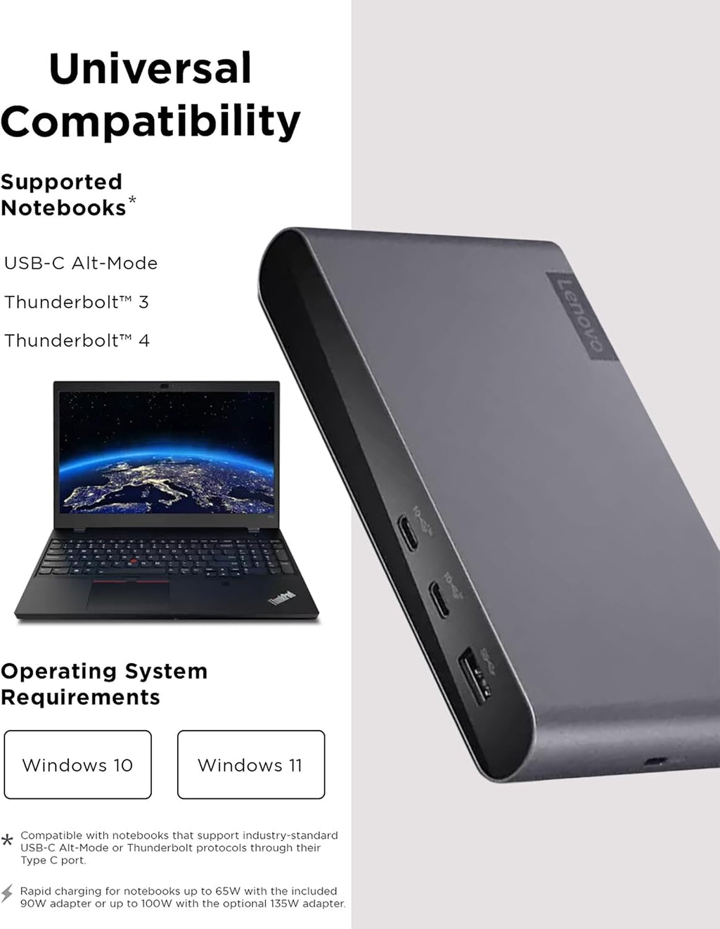 Lenovo Docking Station USB-C Universal Business Dock – Dual Display (1 DP 1.4 & 1 HDMI 2.0) – 65W Charging for Laptop (90W Power Adapter Included) – 3X USB-A & 2X USB-C Ports – Windows Compatible