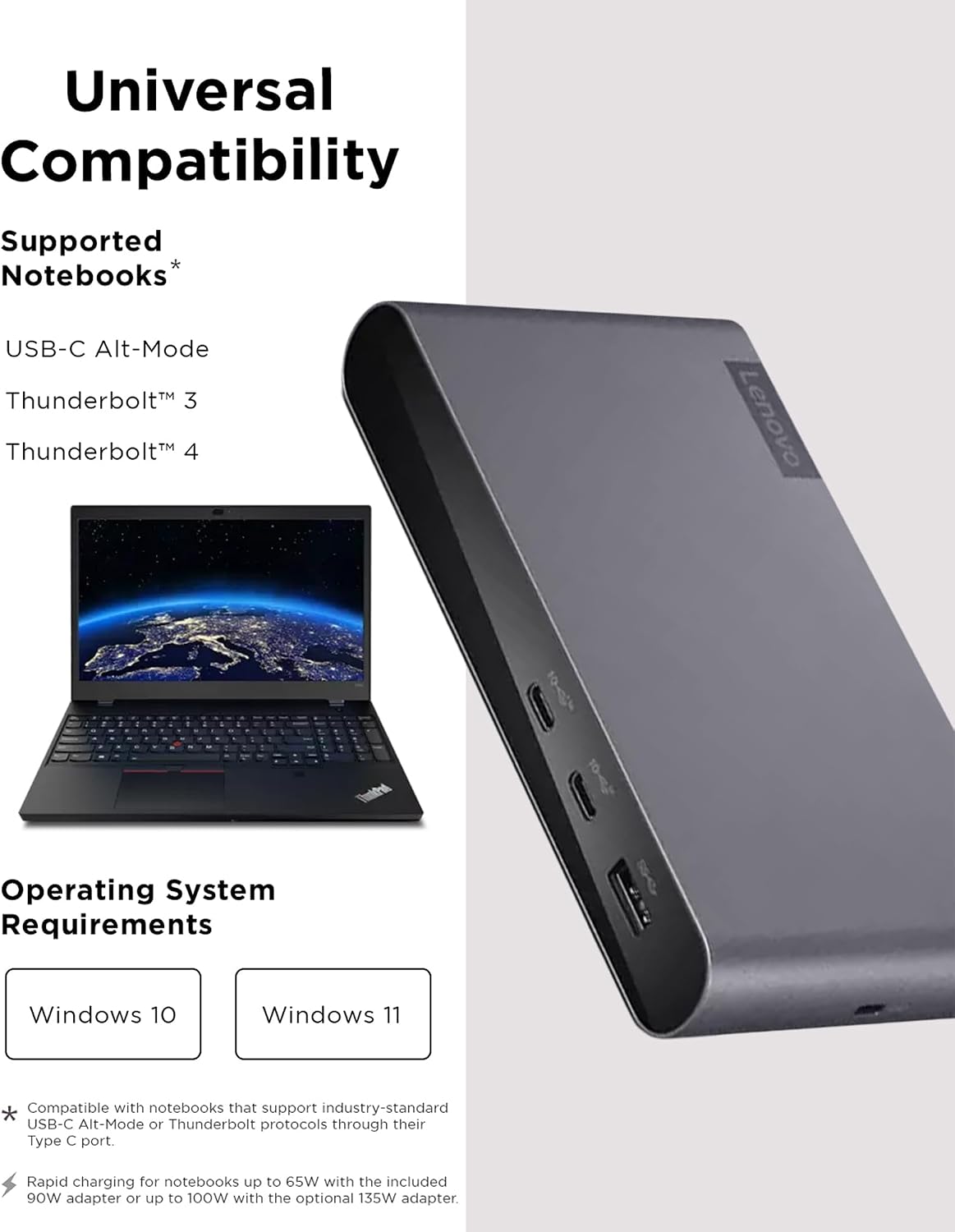Lenovo Docking Station USB-C Universal Business Dock – Dual Display (1 DP 1.4 & 1 HDMI 2.0) – 65W Charging for Laptop (90W Power Adapter Included) – 3X USB-A & 2X USB-C Ports – Windows Compatible