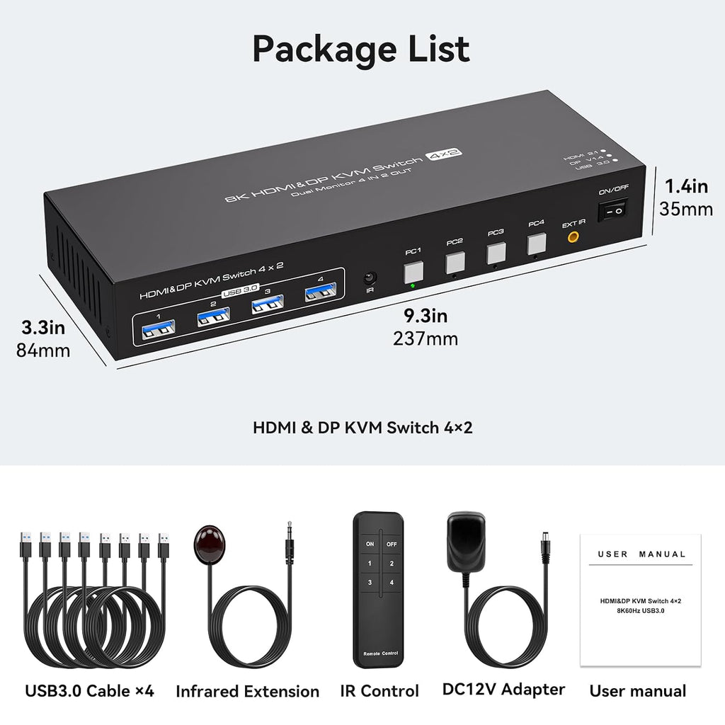 HDMI Displayport KVM Switch 4 Computers 2 Monitors 8K 60Hz 4K 120Hz 4 Port Dual Monitor KVM Switches for 4PC Share Four USB Device Support Copy and Extend Mode Includes Some Accessories
