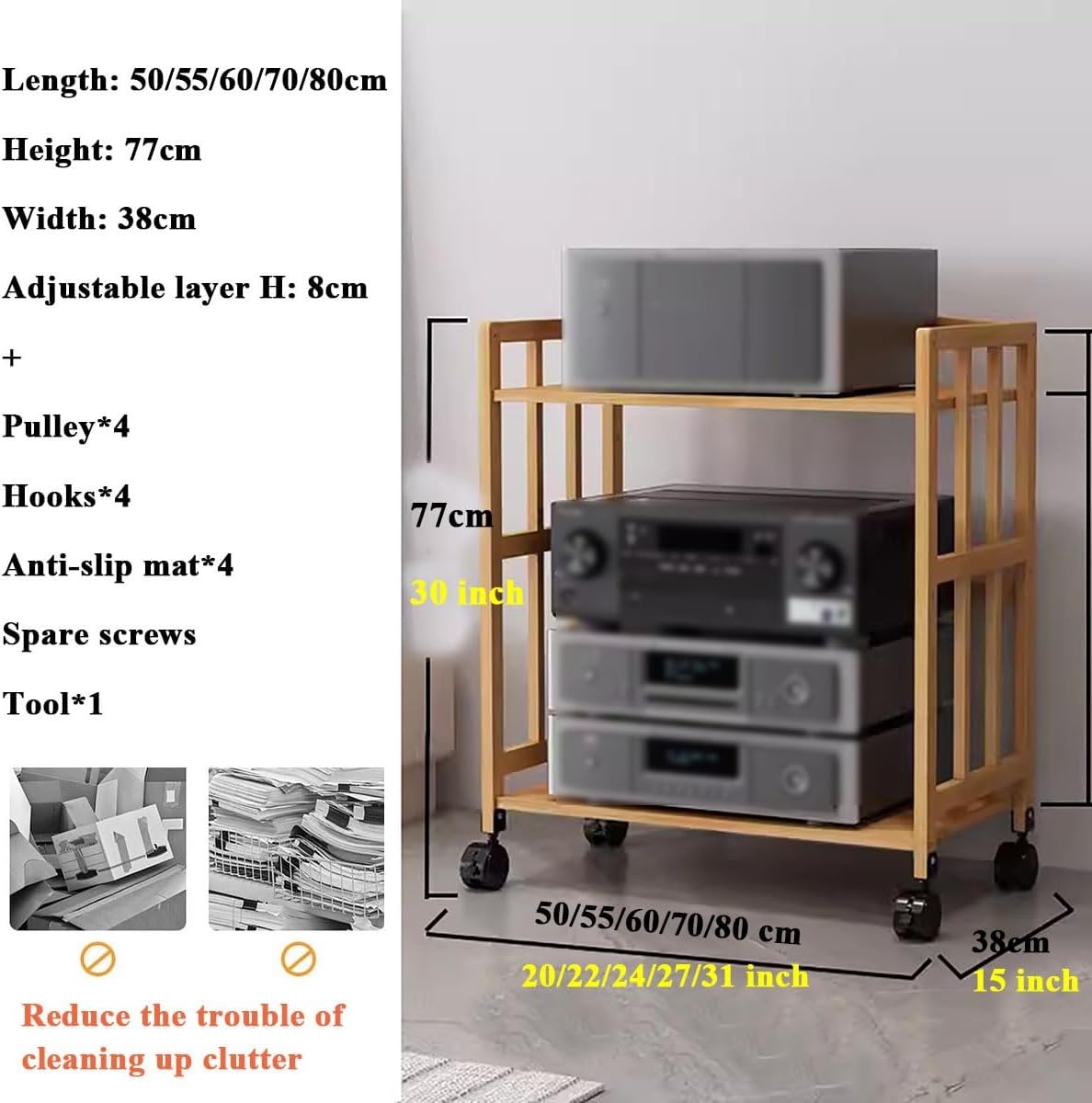 2/3/4/5 Tier Media Component Storage Unit Shelves, Movable Audio Video Tower DVD Cd Record Player Stand Stereo Equipment Cabinet, Turntable Holder for Living Room Office,W50Cm