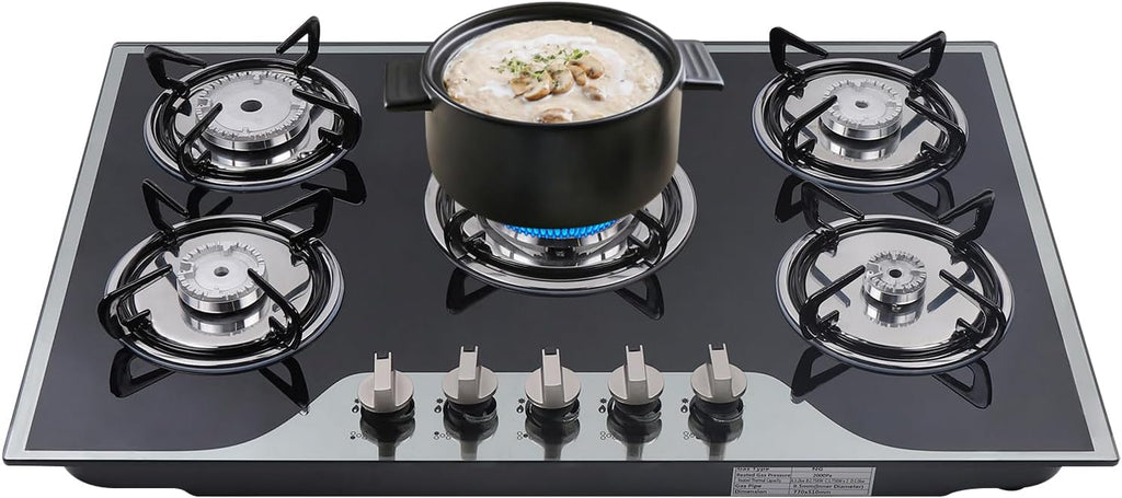 30Inch Gas Cooktop, 5 Burner Gas Stove, NG/LPG Dual Fuel Cooktops Gas Cooker, Built-In Stove Top Stainless Steel with Tempered Glass Panel, Independent Switch Control, for Home Kitchen, Restaurant