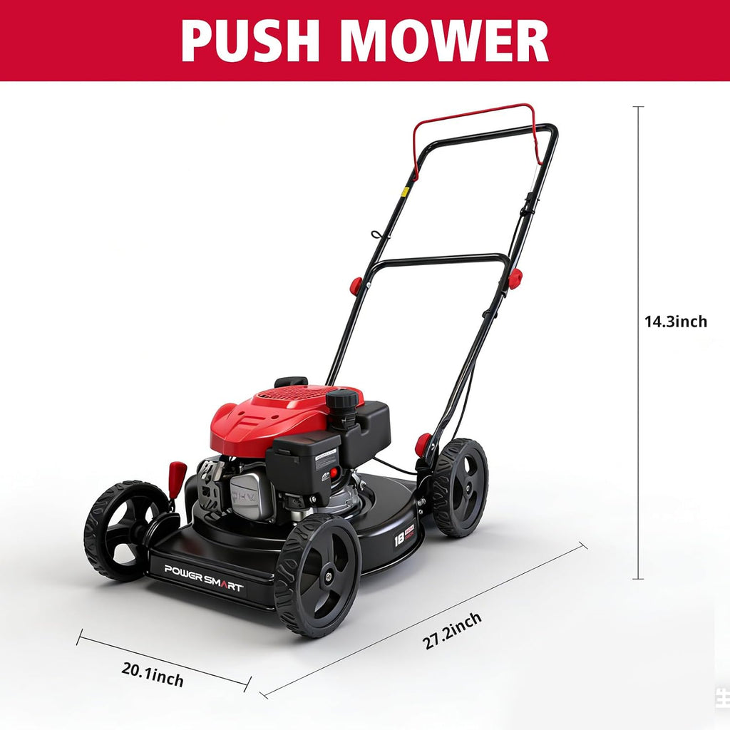 PowerSmart EasyCut 18-Inch Gas Lawn Mower, 144cc OHV Engine, Durable Steel Deck, Walk-Behind Push Mower with Side Discharge, 5-Position Height Adjustment, Lightweight Design for Small Yard