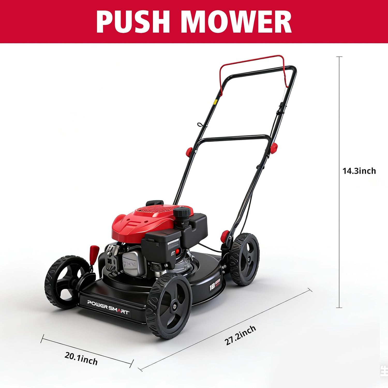 PowerSmart EasyCut 18-Inch Gas Lawn Mower, 144cc OHV Engine, Durable Steel Deck, Walk-Behind Push Mower with Side Discharge, 5-Position Height Adjustment, Lightweight Design for Small Yard