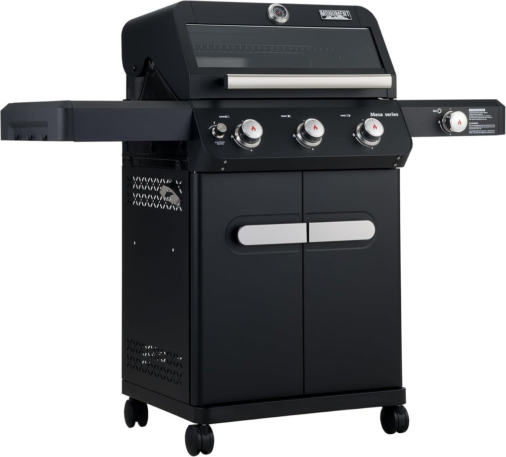 Monument Grills Mesa Series, Outdoor Barbecue Stainless Steel 3 Burner Propane Gas Grill, 48,000 BTU Patio Garden Grill with Side Burner and Knob Controls, Mesa325 with BBQ Cover