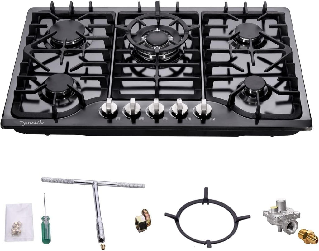 30 Inch Gas Cooktop, Built-in Stainless Steel Gas Stovetop 5 High Efficiency Burners Gas Stove LPG/NG Convertible Gas Hob (Black)
