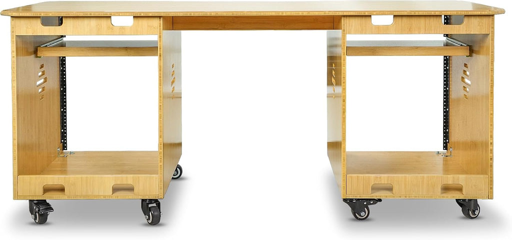 Sound Town Studio Desk Workstation with Dual 13U Side Rack Cabinets, Slide-Out Trays, Casters, for Recording Rooms and Home, Solid Carbonized Bamboo (SDRK-WS69CB)