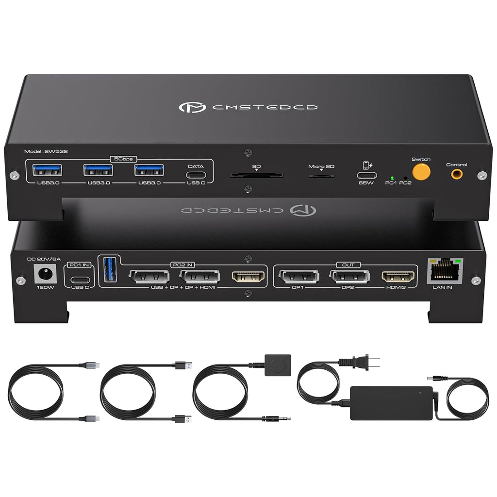 USB C KVM Docking Station Switch 3 Montors 2 Computers with 100W PD Supply Hybrid Displayport and HDMI KVM Triple 4K60Hz or Dual 4K144Hz Extended Display for Laptop and PC Share 15 in 1 Dock