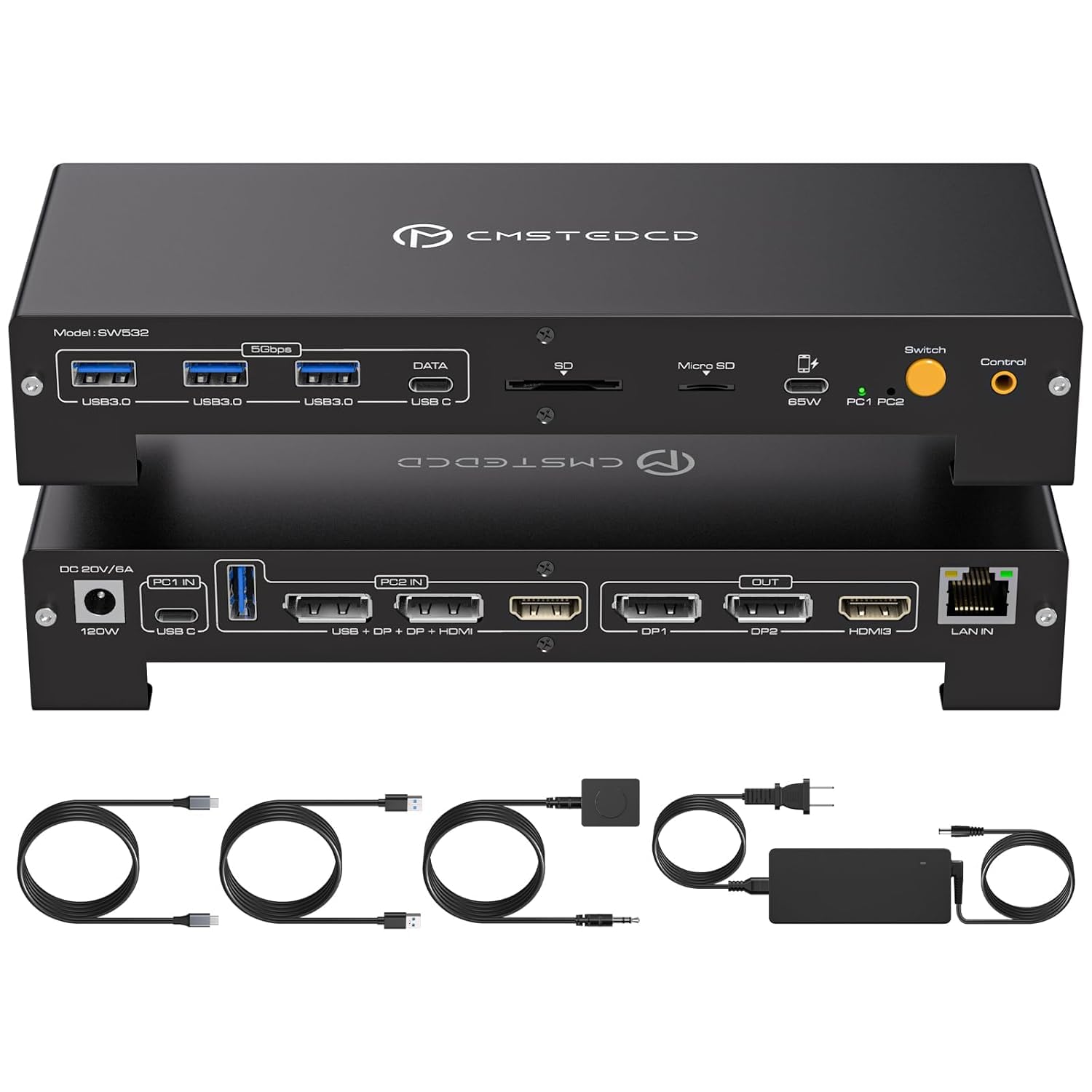 USB C KVM Docking Station Switch 3 Montors 2 Computers with 100W PD Supply Hybrid Displayport and HDMI KVM Triple 4K60Hz or Dual 4K144Hz Extended Display for Laptop and PC Share 15 in 1 Dock