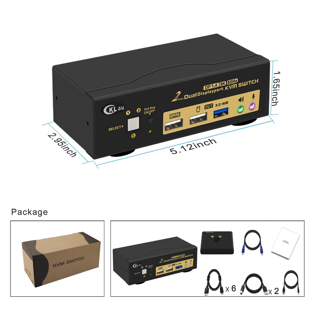 2 Port USB 3.0 Dual Monitor KVM Switch Displayport 1.4 8K@30Hz 4K@144Hz, Display Port KVM Switch 2 Monitors with Audio, All Input and Output Cables Supports Hotkey Function
