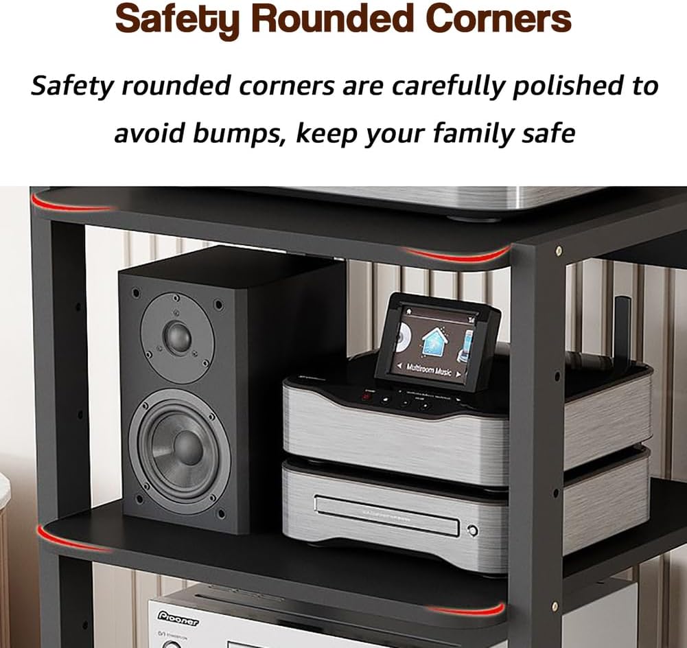 AV Media Stand 3-Tier Movable Record Player DVD CD Audio Rack Tower Holder, Adjustable Media Storage Cabinet, Equipment Console Shelf for Home Office Theater,Black,H19in/48.5cm