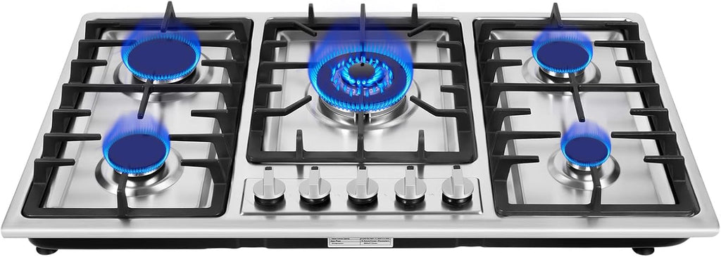 34-inch Gas Cooktop, 5 Burners Built-in Gas Stove Top, Built in Stainless Steel 36 Inch Gas Hob with Protection Device, LPG/NG Convertible Propane Cooktop for Camping, RV, Apartment