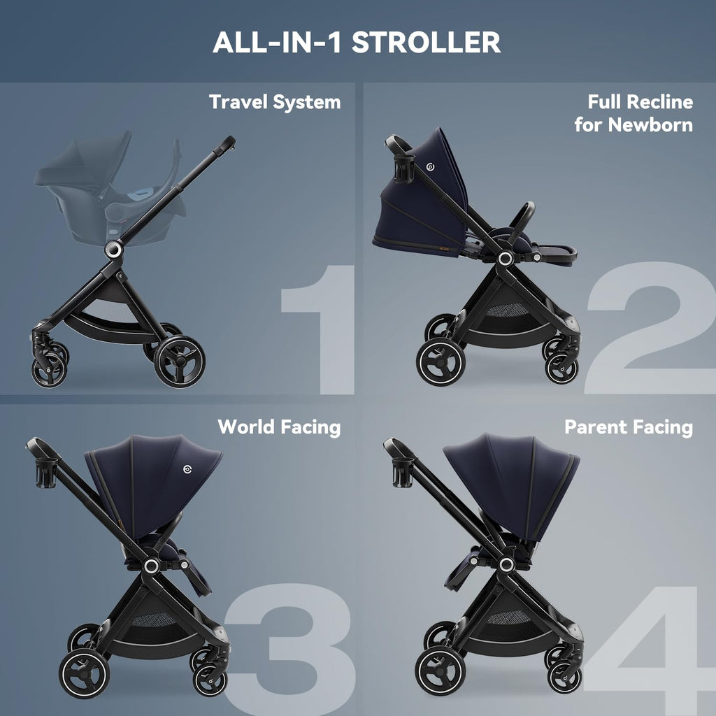 EMU Full-Size Foldable Baby Stroller Full Recline Cockpit Compact Toddler Stroller with Reversible Seat All-Terrain Newborn Infant Pram Carriage for City Outdoor - Dark Blue
